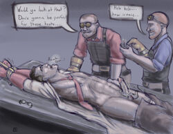 2d 3boys abs bad_medicine bondage brown_hair buzz_cut duplicated_character engineer engineer_(team_fortress_2) erection exam_table examination_table experiment facial_hair gay glasses_removed gloves goggles goggles_on_forehead hands_above_head human human_male human_only labcoat lying_on_back male male_only medic medic_(team_fortress_2) mouth_open necktie on_table open_shirt pants_down pecs precum_bubble remote_control restrained sex_toy shadowfire00x sweat sweating team_fortress_2 tied_hands vibrator_on_penis wrists_tied yaoi