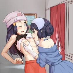 beanie blue_eyes blue_hair blush braid breast_grab breast_sucking breasts clothing dawn_(pokemon) dress female female_only flat_chest game_freak gloves hat multiple_females multiple_girls nintendo pokemon princess_salvia shirt_lift small_breasts suppa wink yuri