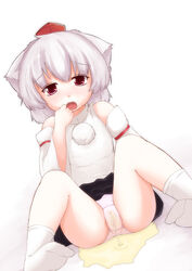 animal_ears bare_shoulders black_skirt blush blushing blushing_at_viewer bottomwear detached_sleeves female female_focus female_only hat headdress headgear headwear kemonomimi looking_at_viewer momiji_inubashiri open_mouth pale-skinned_female pale_skin peeing peeing_on_floor peeing_through_clothing peeing_through_panties pussy_visible_through_clothes pussy_visible_through_panties silver_hair simple_background sitting sitting_on_floor sitting_pee skirt sleeveless sleeveless_shirt socks soiling soiling_underwear solo solo_female solo_focus tagme topwear touhou underwear urinating urinating_female urination urine urine_pool urine_stream wet_panties wetting wetting_panties wetting_self white_background white_panties white_socks white_topwear wolf_ears wolf_girl