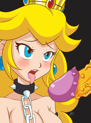 1boy 2016 andersonicth blonde_hair blue_eyes blush bowser chains cleavage crown earrings female hair long_hair mario_(series) nintendo open_mouth penis princess_peach simple_background spiked_collar tongue_out uncensored veiny veiny_penis