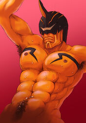 1_horn 1boy abs armpit_hair armpits bara barazoku bear biceps black_markings eyeless eyeless_male imagin kamen_rider kamen_rider_den-o_(series) kintaros male_focus muscles muscular muscular_male nipples nude nude_male pubic_hair sweat sweatdrops yellow_eyes yellow_skin