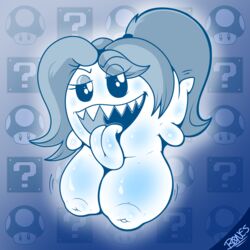 big_breasts bigbonesart boo_(mario) breasts ghost ghost_girl ghost_tail glowing long_tongue mario_(series) nipples sharp_teeth teeth tongue tongue_out