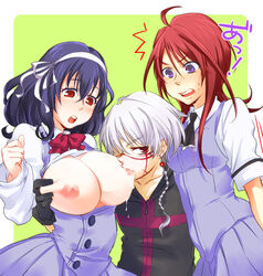 1boy 2010 2girls alexander_nikolaevich_hell areola areolae blush breast_grab breast_sucking breastfeeding breasts female flat_chest framed_breasts huge_breasts lactation large_breasts love mafuyu_oribe male milk open_mouth oribe_mafuyu purple_eyes purple_hair red_eyes red_hair scar seikon_no_qwaser short_hair simple_background small_breasts threesome tmsk tomo_yamanobe white_hair yamanobe_tomo