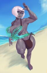 1futa areolae athletic athletic_female beach bikini blue_eyes breasts bulge bylgbryda clothed clothing dark-skinned_futanari dark_skin futa_only futanari huge_cock human molly_skyfire mostly_nude muscular_futanari nipple_piercing nipples nipples_visible_through_clothing nose_piercing original_character penis_bulge roegadyn solo standing thick_thighs white_hair