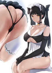 absurdres apron ass ass_focus black_hair black_panties breasts butt_crack choker cleavage closed_mouth clothing_cutout collarbone elbow_gloves female gloves hair_ribbon hands_on_lap highres kneehighs large_breasts looking_at_viewer maid_apron maid_headdress multiple_views original panties ribbon rororo seiza sitting smile thighs twintails underwear white_legwear yellow_eyes