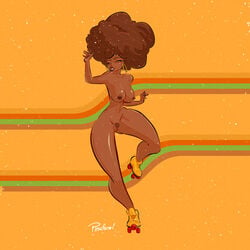 1girls afro areolae dark-skinned_female functionally_nude hoop_earrings large_breasts nipples original original_character pinafore_(artist) pubic_hair roller_skates tagme very_long_hair