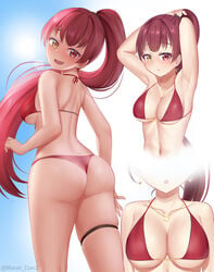 1girls 2021 armpits arms_up ass ass_focus big_breasts breasts cleavage collarbone earrings fangs female female_focus female_only heterochromia hololive hololive_fantasy hololive_japan houshou_marine long_hair looking_at_viewer maozi_dan multiple_images multiple_scenes multiple_views open_mouth ponytail red_bikini red_bikini_bottom red_bikini_top red_eye red_hair solo solo_female thigh_strap thighs virtual_youtuber yellow_eye