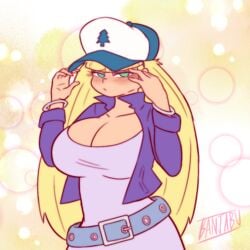 1girls banjabu belt blonde_hair blush breasts cute disney disney_channel embarrassed female flirting gravity_falls hat huge_breasts just_fuck_already looking_at_viewer pacifica_northwest rnpartner_out_of_shot signature smooth_skin solo solo_female solo_focus tsundere wholesome