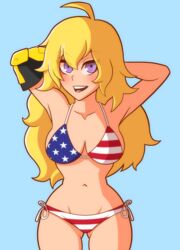 1girls ahoge alternate_costume american_flag_bikini arms_up bikini blonde blonde_hair blue_background blush boobs breasts cameltoe chemical_bro curvy curvy_body curvy_female curvy_figure eyebrows_visible_through_hair eyes_visible_through_hair female female_only flag_bikini hands_behind_head light-skinned_female light_skin long_hair mouth_open only_female open_mouth prosthetic_arm purple_eyes rwby simple_background solo string_bikini swimsuit thigh_gap v yang_xiao_long yellow_hair