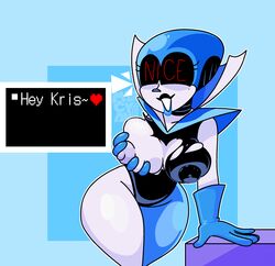 blue breast_grab deltarune deltarune_chapter_2 grabbing_own_breast heart_symbol horaco queen_(deltarune) text thehoraco torn_clothes white_body white_skin