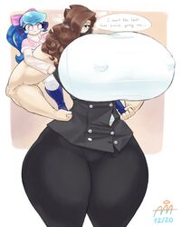 2girls allanchorsaweigh breasts cecilia_ahni_o'riordan dialogue female_only hips huge_breasts larger_female long_hair muscular muscular_female nipple_bulge smaller_female speech_bubble thick_thighs thighs watermark wide_hips