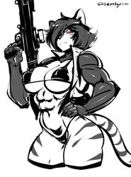 abs animal_ears anthro athletic athletic_female bikini black_hair cybernetic_arm cybernetics cyborg eye_patch female gun muscular muscular_female nilani_(pocket-sand) original_character red_eyes sem-l-grim short_hair solo tiger weapon white_fur