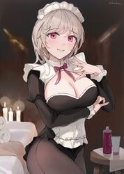 1girls bangs blush breasts chowbie cleavage cleavage_cutout clothing_cutout female large_breasts long_sleeves looking_at_viewer maid maid_headdress original pink_eyes short_hair silver_hair smile thighs