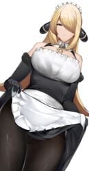 1girls bare_shoulders black_gloves black_legwear blonde_hair clothed clothed_female cynthia_(pokemon) exposed_pussy female female_only frills game_freak hair_ornament hair_over_one_eye large_breasts leggings lifted_by_self lifting_dress long_gloves long_hair maid maid_headdress maid_uniform pokemon pokemon_dppt see-through see-through_clothing skirt skirt_lift solo solo_female upskirt white_background yellow_eyes yuuyuu_(yuuki1771)