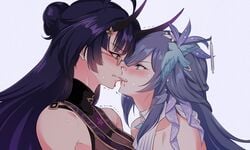 2girls biting biting_lip blood blue_hair blush fu_hua glasses honkai_(series) honkai_impact honkai_impact_3rd horns long_hair multiple_girls negom purple_hair raiden_mei raiden_mei_(herrscher_of_thunder) yuri