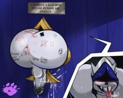 balls big_ass big_butt blush cum cum_in_ass cum_leaking cum_on_penis cum_on_wall deltarune king_spade male_only penis piquesartz public_use sharp_teeth spade_king sweating tally_marks through_wall tongue_out writing_on_ass