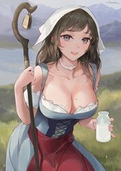 1girls apron artist_name bangs bare_shoulders bell blue_dress blue_eyes blush bodice bottle breasts brown_hair choker chowbie cleavage day dirndl dress eyebrows_visible_through_hair frills german_clothes grey_eyes holding holding_bottle holding_staff large_breasts leaning_forward long_hair looking_at_viewer milk milk_bottle mole mole_on_breast mountain mountainous_horizon open_mouth original outdoors red_apron shepherd shepherd's_crook sidelocks sky smile solo staff standing underbust waist_apron wavy_hair