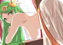 armpits ass bent_over breasts breasts_out goddess green_hair hanging_breasts headdress highres kid_icarus large_breasts leaning looking_to_the_side nintendo nipples palutena tomas_(kaosu22) topless