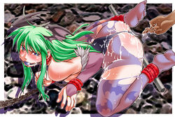 ball_gag blue_eyes blush bondage chains chinjuu_hibakichi clothing crying crying_with_eyes_open cum darkstalkers gag green_hair head_wings legs_bound long_gloves long_hair morrigan_aensland small_breasts succubus torn_clothes