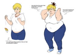 1boy age_progression anastimafilia ass_expansion bbw blonde_hair breast_expansion comic empanada food gender_transformation green_eyes hair_color_change hip_expansion latinaification mtf_transformation race_swap spanish_text speech_bubble text transformation transformation_sequence translated weight_gain