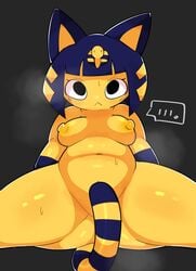 animal_crossing ankha anthro blue_hair blush bodily_fluids breasts convenient_censorship domestic_cat ebi10000000000 felid feline felis female hair hi_res looking_at_viewer mammal markings nintendo simple_background slightly_chubby solo striped_markings striped_tail stripes sweat tail_markings thick_thighs video_games