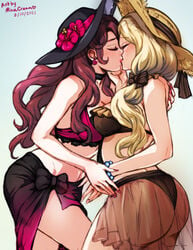 2020s 2021 2girls alternate_costume artist_name ass bikini black_bikini black_swimsuit blonde_hair bow breasts brown_bikini brown_hair brown_swimsuit choker cleavage close-up closed_eyes cowboy_shot dated dorothea_arnault dorothea_arnault_(summer) earrings female female_only fire_emblem fire_emblem:_three_houses fire_emblem_heroes flower gradient_sarong hair_bow hair_over_shoulder hair_ribbon hand_on_face hat hat_flower hat_ribbon hug jewelry kiss kissing large_ass large_breasts long_hair medium_breasts mercedes_von_martritz mercedes_von_martritz_(summer) minacream multiple_girls nail_polish nintendo official_alternate_costume pink_bikini pink_swimsuit purple_bikini purple_nails purple_swimsuit red_nails ribbon sarong see-through see-through_sarong side_ponytail straw_hat sun_hat swimsuit yuri