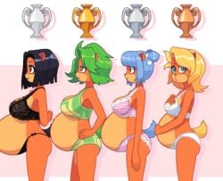 ami_bandicoot anthro bandicoot black_hair black_panties blonde_hair blue_eyes blue_hair bra breasts brown_eyes crash_(series) fluffy_tail green_eyes green_hair green_panties isabella_bandicoot kempferzero lace lace-trimmed_panties lace_panties large_breasts liz_bandicoot megumi_bandicoot orange_fur panties pink_panties pregnant purple_eyes tail third-party_edit trophy underwear white_panties