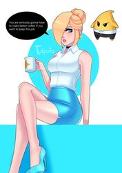 1girls asymmetrical_hair bimbo coffee english_text female_focus hair_over_one_eye legs_crossed looking_at_viewer looking_down_at_viewer luma mario_(series) nintendo office_lady princess_rosalina sitting speech_bubble super_mario_galaxy talking_to_viewer text text_bubble thin_female tulipsie unhappy_male unimpressed