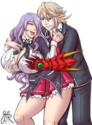 1boy 1girls adoptive_siblings alternate_costume bare_thighs breast_grab breasts brother_and_sister camilla_(fire_emblem) cleavage corrin_(fire_emblem) corrin_(fire_emblem)_(male) cosplay crossover double_breast_grab fire_emblem fire_emblem_fates hair_over_one_eye high_school_dxd huge_breasts hyoudou_issei_(cosplay) long_hair nintendo open_mouth purple_eyes purple_hair rias_gremory_(cosplay) school_uniform schoolgirl skirt smile thick_thighs thighs tongue tongue_out waltherrfa