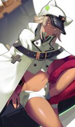 1girls 4_leaf_clover bare_legs bare_midriff bare_thighs belly_button blonde_hair breasts dark-skinned_female dark_skin female female_focus female_only guilty_gear hat head_tilt long_hair looking_at_viewer looking_to_the_side military_hat navel open_clothes open_pants orange_hair ramlethal_valentine short_shorts shorts small_breasts solo solo_female solo_focus tan_skin white_background wraps yuuyuu_(yuuki1771)