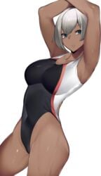 1girls armpits arms_above_head bare_legs bare_thighs bea_(pokemon) belly_button belly_button_visible_through_clothing blue_eyes breasts cameltoe competition_swimsuit dark-skinned_female dark_skin female female_focus female_only hands_above_head large_breasts long_hair looking_at_viewer looking_to_the_side pokemon pokemon_ss short_hair side_view sideboob solo solo_female solo_focus swimsuit swimwear tan_skin wet white_background white_hair yuuyuu_(yuuki1771)