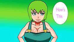 big_breasts blue_eyes cleavage english_text foo_fighters green_hair jojo's_bizarre_adventure overalls shiftymermaid stone_ocean text_bubble