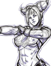 1girls abs adjusting_clothes bangs blunt_bangs breasts capcom clothed detached_sleeves drill_hair female female_only fingerless_gloves front_view gloves gotalex juri_han large_breasts looking_to_the_side midriff muscles muscular_female navel nipple_bulge sideboob sidelocks simple_background sketch smile solo street_fighter street_fighter_iv toned toned_female twin_drills underboob upper_body white_background