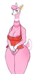 1female 1girls 2021 4_fingers alpaca animal_crossing anthro apron big_breasts blush breasts camelid chubby_female clothed clothing digital_media_(artwork) female female_only fingers froggiepaws fur hair hi_res mammal nintendo nipples partially_clothed pink_body pink_fur reese_(animal_crossing) short_hair slightly_chubby solo solo_female thick_ass thick_thighs topwear video_games wide_hips yellow_eyes