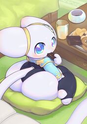 adorable alien ass big_ass big_butt blush chocolate cute cute_eyes cute_face eating fat_ass fat_butt huge_ass huge_butt keyhat_tk10 looking_at_viewer looking_back pillow plump_ass shortstack solo tail thick_ass tiril_(keyhat_tk10) white_body white_skin