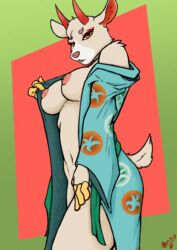 animal_crossing anthro asian_clothing azzydrawsstuff breasts cervid clothing east_asian_clothing female hi_res japanese_clothing kimono mammal nintendo nipples pinup pose shino_(animal_crossing) solo undressing video_games