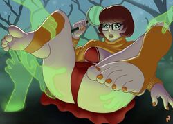 1girls absurdres ass barefoot big_ass breasts disembodied_hand feet female foot_fetish hanna-barbera highres large_ass mohoshadream scooby-doo toes velma_dinkley