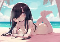 1girls aria_(parororo) aria_wintermint ass bare_shoulders barefoot beach big_breasts black_hair blush breasts clouds collarbone completely_nude crossed_legs female female_only green_eyes hair_over_one_eye head_on_hand long_hair looking_away lying naked nude ocean on_stomach original palm_tree parororo sand smile solo wet