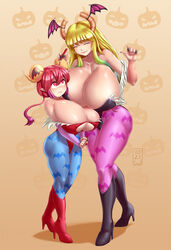 2girls abosomforapillow blonde_hair blue_hair cleavage closed_eyes clothing cosplay crossover_cosplay darkstalkers dragon_girl dragon_horns female female_only gigantic_breasts high_heel_boots huge_breasts ilulu_(dragon_maid) large_breasts leggings leotard lilith_aensland_(cosplay) magenta_hair massive_breasts miss_kobayashi's_dragon_maid morrigan_aensland_(cosplay) multicolored_hair quetzalcoatl_(dragon_maid) succubus tight_leggings