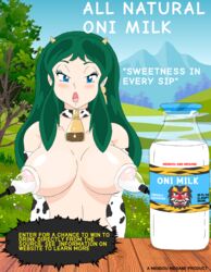 1girls artist_request bell blue_eyes blush bottle breasts cow_bell cow_girl cow_print english_text female green_hair hanging_breasts horns humanoid lactation large_breasts long_hair looking_at_viewer lum milk_bottle milking milking_machine nipples oni oni_female oni_girl open_mouth pale-skinned_female pale_skin pointy_ears poster princess solo tagme text urusei_yatsura