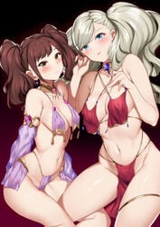 2girls ann_takamaki belly_dancer belly_dancer_outfit brown_hair dancer dancer_outfit female harem harem_girl harem_outfit human kujikawa_rise large_breasts lovers_arcana medium_breasts pale_skin persona persona_4 persona_5 raiou silver_hair voluptuous