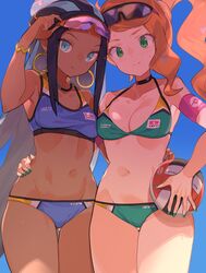 2girls adjusting_eyewear aqua_eyes arm_up bare_shoulders bikini black_hair blush bracelet breast_size_difference breasts chocolate_and_vanilla choker cleavage clothing collarbone creatures_(company) dark-skinned_female dark_skin earrings eyewear eyewear_on_head female female_only game_freak green_eyes green_nails groin gym_leader hair_ornament hat highres holding hoop_earrings human jewelry light-skinned_female long_hair looking_at_viewer medium_breasts multiple_girls nail_polish navel neckwear nessa_(pokemon) nintendo orange_hair pale_skin pokemon pokemon_(game) pokemon_ss ponytail sidelocks skin_tone_difference smile sonia_(pokemon) spring2013 standing sunglasses sunglasses_on_head sweatdrop swimsuit swimwear thigh_gap volleyball