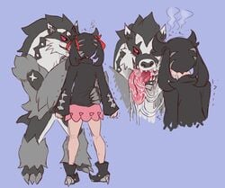 1boy 1girls after_kiss black_hair blush drooling extreme_french_kiss female female_human femsub feral_on_human french_kiss human kissing long_tongue male male/female male_obstagoon male_pokemon male_pokemon/female_human maledom marnie_(pokemon) nintendo obstagoon pokemon pokemon_ss pokephilia skirt teeth tongue tongue_out ungulatr