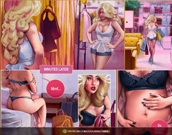 big_breasts big_hair blonde_hair blonde_mane blush bra breasts cleavage clothed clothing comic curly_hair digital_media_(artwork) dress english_text eyelashes female female_only hair heels hi_res high_heels highres huge_hair human jugganaut jugganaut_freak large_breasts legs lipstick long_hair panties standing straight thick_thighs thighs uncensored