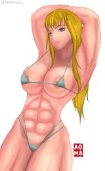 1girls abs aoma areola_slip armpits arms_above_head bikini blonde blonde_hair boobs breasts closed_mouth color female female_only large_thighs light-skinned_female light_skin long_hair matrona_(nanatsu_no_taizai) micro_bikini muscle muscles muscular muscular_arms muscular_female muscular_thighs nanatsu_no_taizai nipple_slip only_female purple_eyes seven_deadly_sins simple_background solo solo_focus swimsuit swimwear thick_thighs thighs white_background yellow_hair