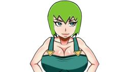 big_breasts blue_eyes cleavage foo_fighters green_hair jojo's_bizarre_adventure overalls shiftymermaid stone_ocean text_bubble