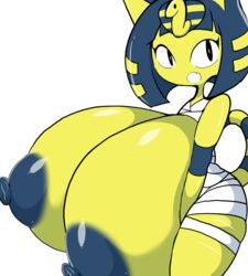 2018 animal_crossing ankha anthro areola areolae big_breasts blue_hair blue_nipples breasts egyptian feline feline female fur hair huge_breasts hyper hyper_breasts looking_at_viewer mammal nintendo nipples open_mouth petronoise simple_background solo video_games white_background wraps yellow_fur