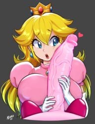 1boy 1girls alternate_breast_size big_penis blonde blue_eyes clothed clothed_female_nude_male clothing crossover edit female gigantic_penis gloves grey_background heart holding_penis huge_breasts huge_penis kirby kirby_(series) large_penis light_skin lipstick long_hair looking_at_penis male mario_(series) maruzyrukun nintendo nipple_bulge nude penis penis_awe princess princess_peach simple_background third-party_edit vein veiny_penis white_gloves