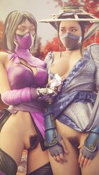 2girls 3d bottomless clothing_pull embarrassed female female_only going_commando hat hi_res innie_pussy its-gergless kitana kitana_(endless_summer) kiteena mask mileena mortal_kombat mortal_kombat_11 partially_clothed pubes pubic_hair pussy pussy_hair sisters vagina