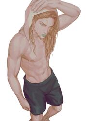 1boy above_view abs beard belly_button black_legwear blonde blonde_hair colored damp digital_media_(artwork) furrowed_brow furrowed_eyebrows green_eyes green_lipstick gyro_zeppeli hair_covering_nipples hand_on_head jojo's_bizarre_adventure long_hair looking_at_viewer male male_only muscular nipple nipples no_body_hair no_eyewear no_pupils pale-skinned_male pale_skin sharp_nose shorts solo steel_ball_run sweat sweatdrop sweating topless towel_on_head v-line wavy_hair wet wet_skin white_background